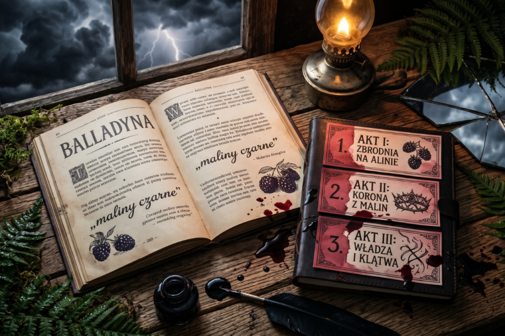 Klimatyczne zdjęcie w stylu mrocznego flat lay, przedstawiające rustykalne, drewniane biurko przy oknie, za którym szaleje burza z piorunami. Po lewej stronie leży otwarta starodawna księga z tytułem „BALLADYNA” i widocznym cytatem „maliny czarne” oraz ilustracją owoców. Po prawej stronie znajduje się notatnik z trzema ponumerowanymi kartami stylizowanymi na akty dramatu: „1. AKT I: ZBRODNIA NA ALINIE” (z malinami), „2. AKT II: KORONA Z MALIN” (z koroną cierniową), „3. AKT III: WŁADZA I KLĄTWA”. Kompozycja jest poplamiona czerwoną substancją przypominającą krew i sok z malin. W tle widać zapaloną lampę naftową, pióro z kałamarzem, paprocie i rozbite lustro. Całość utrzymana w gotyckiej, tajemniczej kolorystyce.