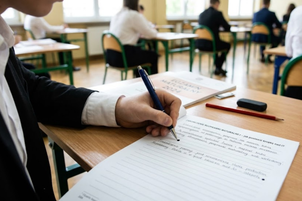Uczeń piszący arkusz egzaminacyjny długopisem podczas egzaminu maturalnego w sali lekcyjnej.