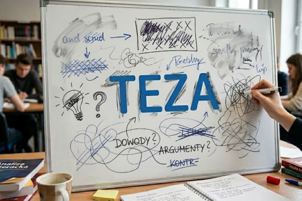 Uczeń w klasie szkolnej rozrysowuje na białej tablicy plan rozprawki wokół słowa TEZA, dodając strzałki do pojęć "argumenty", "kontrargumenty" i znaki zapytania, otoczony książkami i filiżanką kawy