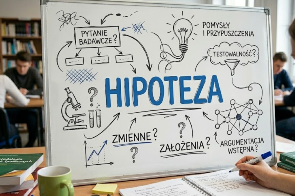 Biała tablica z centralnym napisem "HIPOTEZA" otoczona schematem blokowym zawierającym hasła: pytanie badawcze, zmienne, założenia oraz testowalność, na tle studentów pracujących w bibliotece.