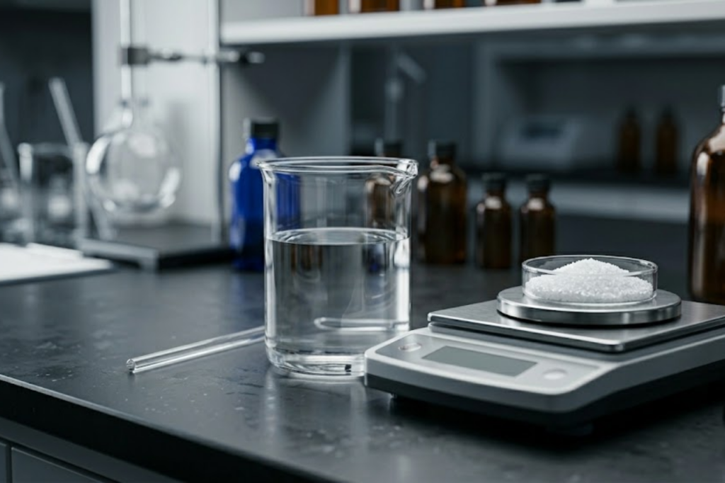 Zbliżenie na nowoczesny blat laboratoryjny, na którym w centrum stoi szklana zlewka z czystą wodą, a obok niej precyzyjna waga cyfrowa z kryształkami białej substancji na szkiełku. Obok leży szklany pręcik do mieszania, a w rozmytych tle widać laboratoryjne butelki.