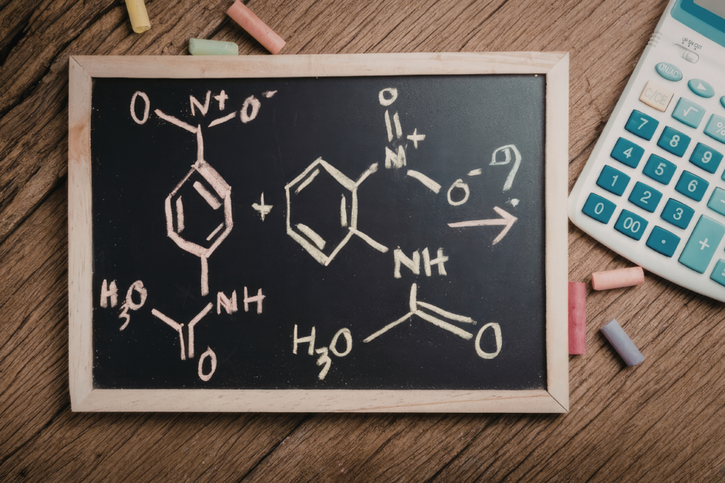 przedstawia artystyczną wizję reakcji organicznej – przypomina nitrowanie acetanilidu, jednak zawiera błędy w zapisie chemicznym, np. grupę $H_3O$ zapisaną w miejscu, gdzie powinna znajdować się grupa metylowa $CH_3$. Do nauki bilansowania najlepiej zacząć od znacznie prostszych, klasycznych reakcji).