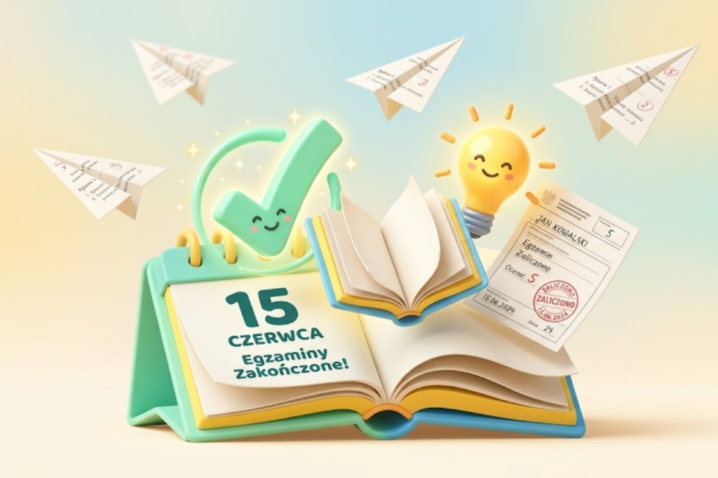 Poprawa matury 2026 - edukacyjna ilustracja 3D przedstawiająca kalendarz, otwartą książkę, formularz zgłoszeniowy i zielony znacznik zaliczenia. Grafika symbolizująca przygotowania do sierpniowej matury poprawkowej, terminy składania deklaracji oraz powrót do nauki, aby z powodzeniem zdać egzamin dojrzałości.