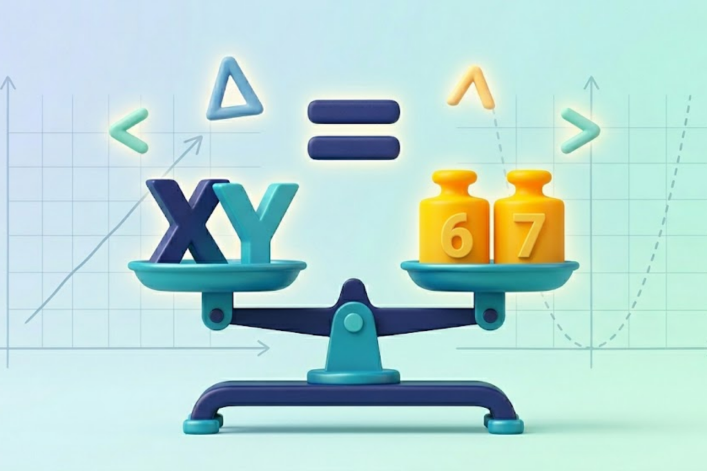 Równania i nierówności matematyczne - edukacyjna ilustracja 3D przedstawiająca wagę szalkową z niewiadomymi X i Y oraz symbolami równości i nierówności. Koncepcyjna grafika symbolizująca naukę algebry, rozwiązywanie równań liniowych, kwadratowych oraz układów równań w praktyce.