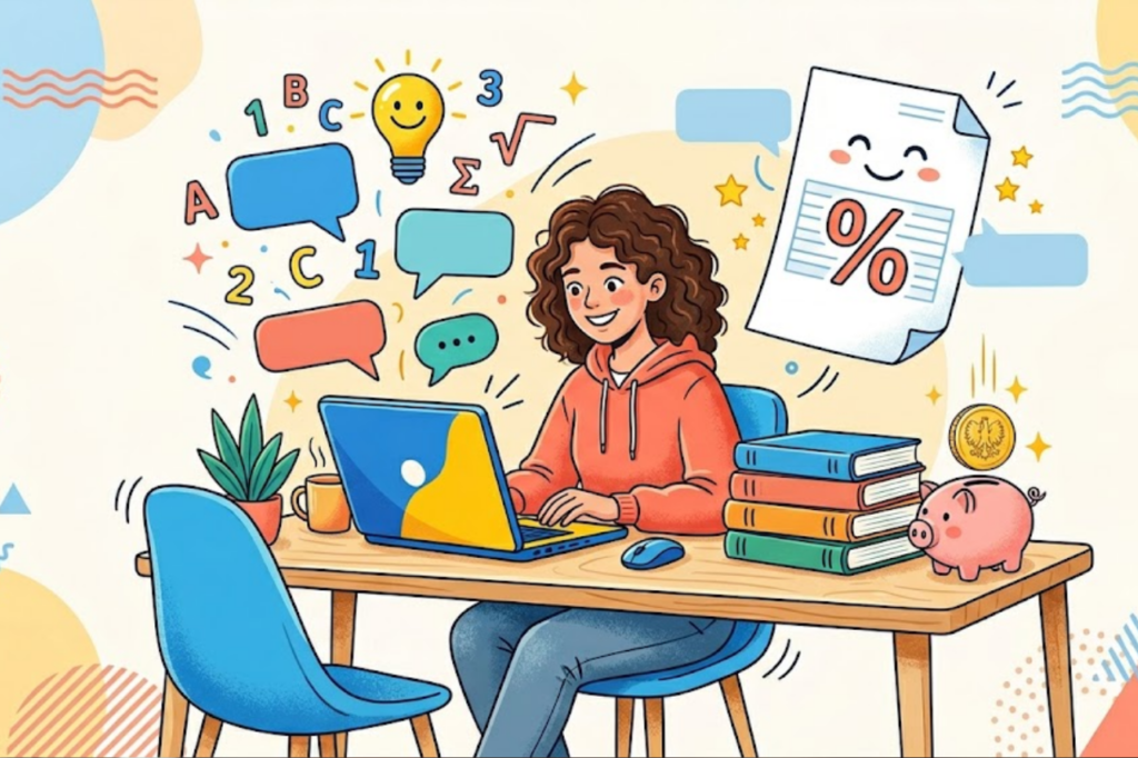 Korepetycje udzielane przez studentów i osoby małoletnie - edukacyjna ilustracja przedstawiająca młodą osobę uczącą online, książki, świnkę skarbonkę oraz dokument podatkowy. Grafika symbolizująca legalne zarabianie na korepetycjach, działalność nierejestrowaną oraz rozliczenie podatku przez młodych korepetytorów.