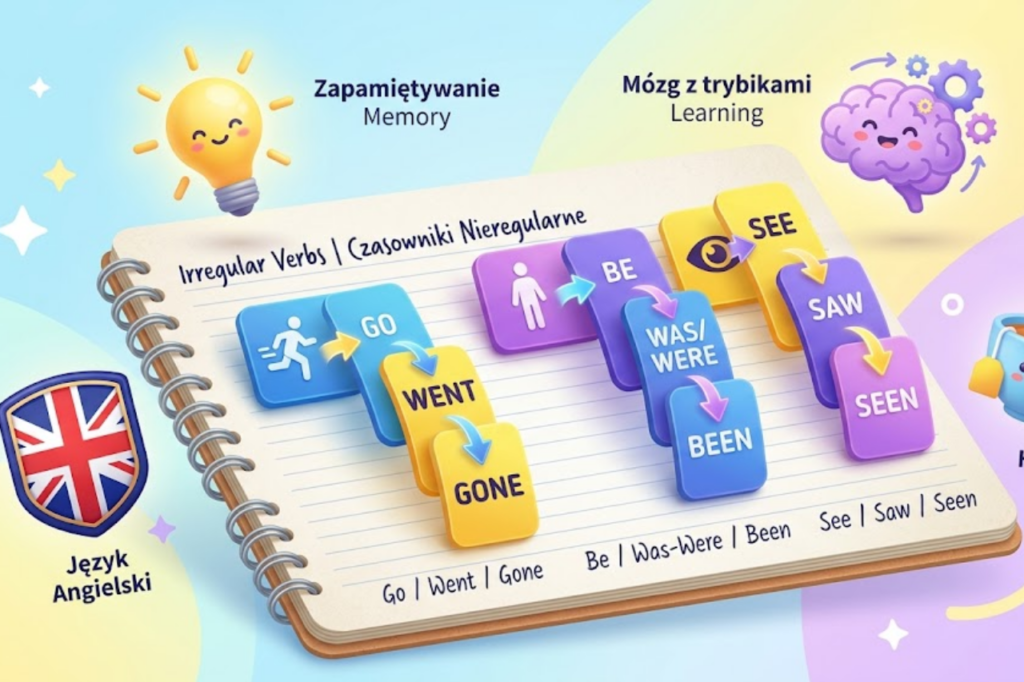 Czasowniki nieregularne w języku angielskim - edukacyjna ilustracja przedstawiająca kolorowe fiszki z trzema formami czasownika unoszące się nad notatnikiem. Grafika symbolizująca skuteczną naukę, korzystanie z list czasowników nieregularnych, ćwiczenia językowe oraz metody zapamiętywania podstawowej gramatyki.