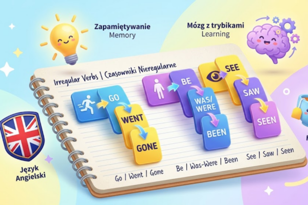 Czasowniki nieregularne w języku angielskim - edukacyjna ilustracja przedstawiająca kolorowe fiszki z trzema formami czasownika unoszące się nad notatnikiem. Grafika symbolizująca skuteczną naukę, korzystanie z list czasowników nieregularnych, ćwiczenia językowe oraz metody zapamiętywania podstawowej gramatyki.