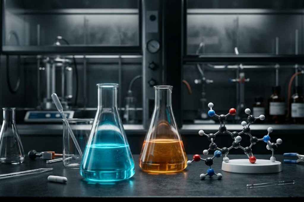 Nowoczesny blat w laboratorium chemicznym, na którym stoją szklane kolby z błękitnym i pomarańczowym płynem oraz szczegółowy model struktury cząsteczki.