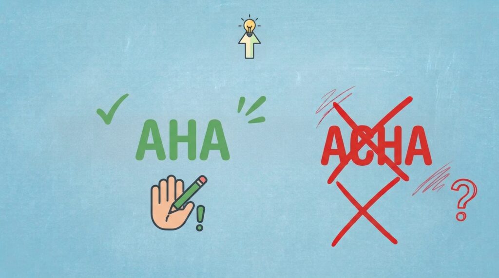 Grafika przedstawiająca poprawny zapis wykrzyknika "AHA" z zielonym ptaszkiem i skreślony zapis "ACHA".