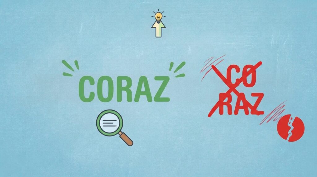 Grafika pokazująca zielony napis "CORAZ" oraz przekreślony czerwonymkrzyżykiem zapis rozdzielny "CO RAZ".