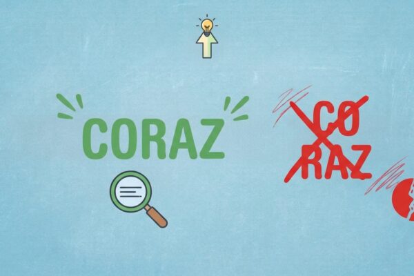 Grafika pokazująca zielony napis "CORAZ" oraz przekreślony czerwonymkrzyżykiem zapis rozdzielny "CO RAZ".
