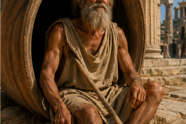 Diogenes z Synopy w glinianym naczyniu jako przedstawiciel cynizmu