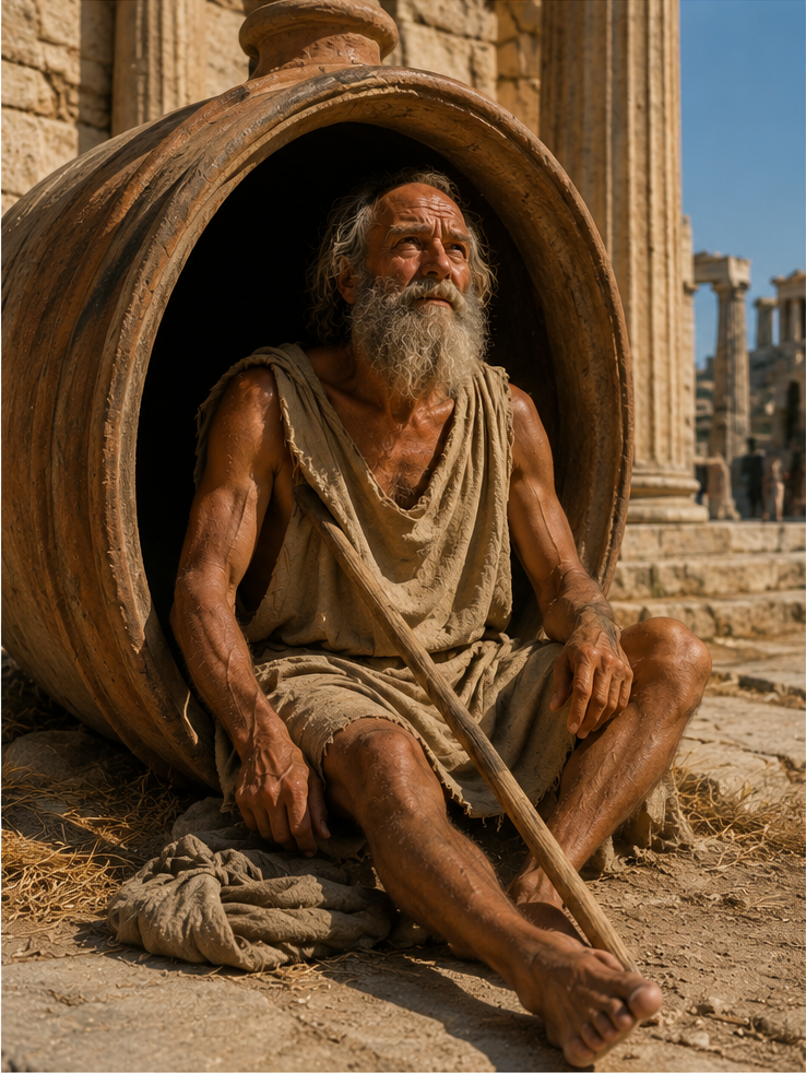 Diogenes z Synopy w glinianym naczyniu jako przedstawiciel cynizmu