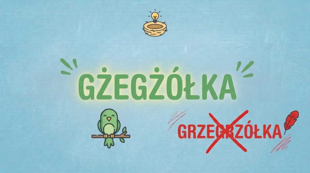 Ilustracja z ptaszkiem i zielonym napisem "GŻEGŻÓŁKA" oraz przekreślonym błędnym zapisem "GRZEGRZÓŁKA".
