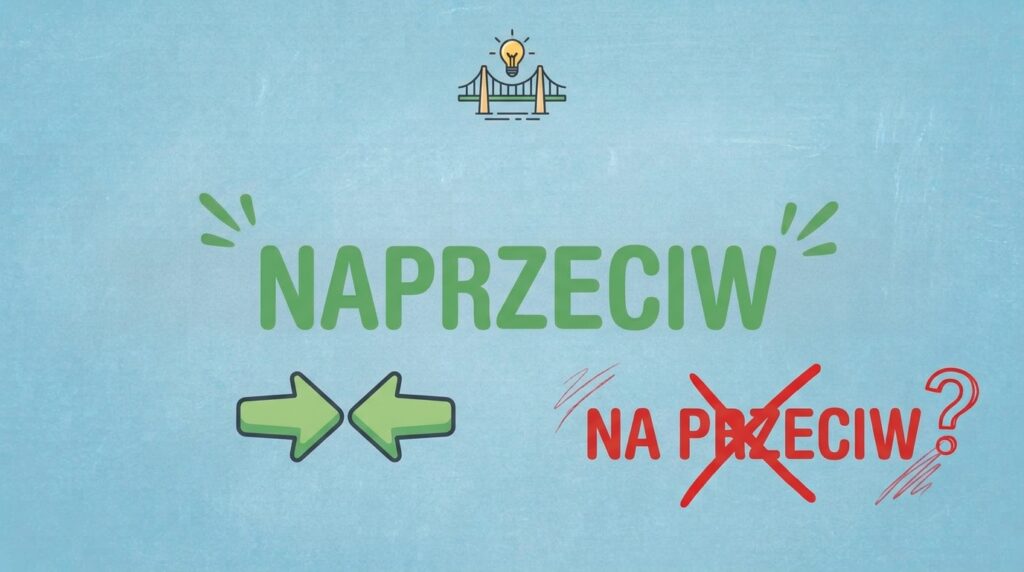 Grafika edukacyjna ze strzałkami skierowanymi do siebie, zielonym napisem "NAPRZECIW" i skreślonym "NA PRZECIW".
