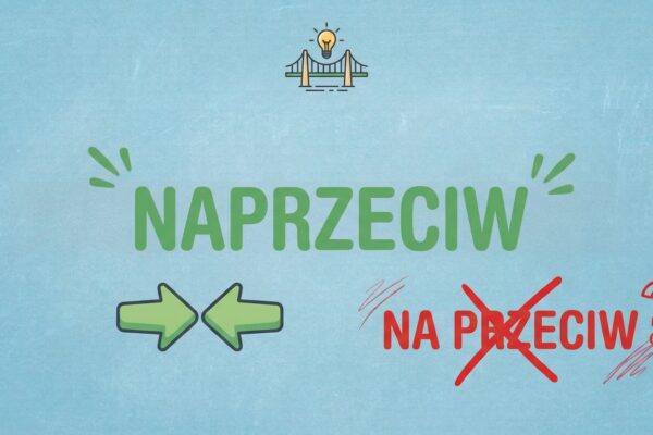 Grafika edukacyjna ze strzałkami skierowanymi do siebie, zielonym napisem "NAPRZECIW" i skreślonym "NA PRZECIW".