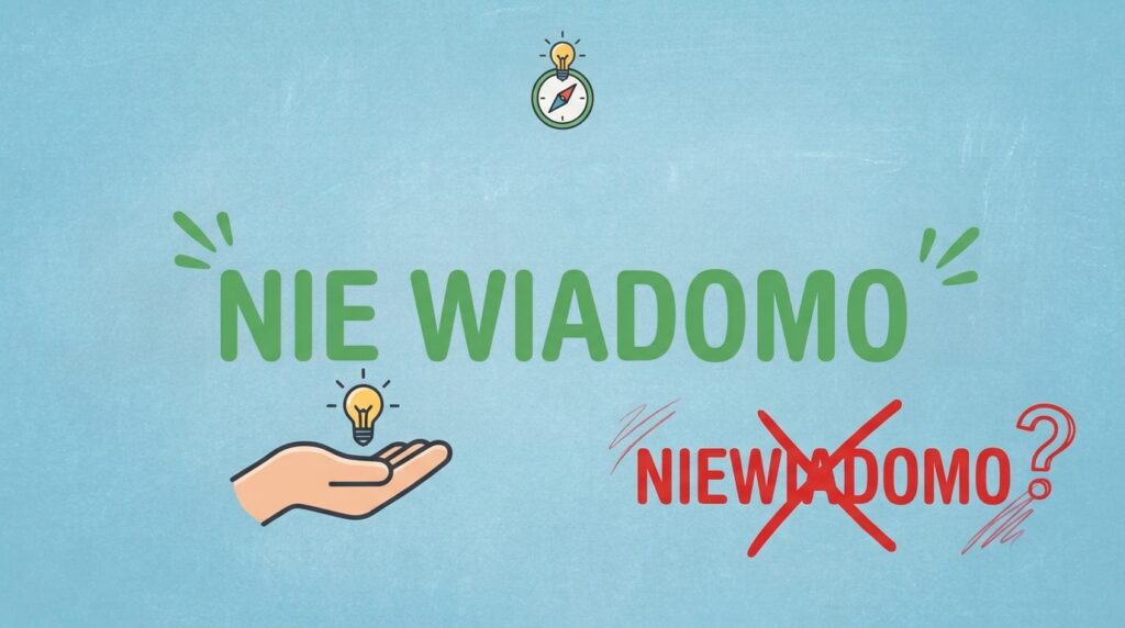 Grafika wyjaśniająca pisownię: zielony napis "NIE WIADOMO" osobno oraz skreślony czerwony napis "NIEWIADOMO".