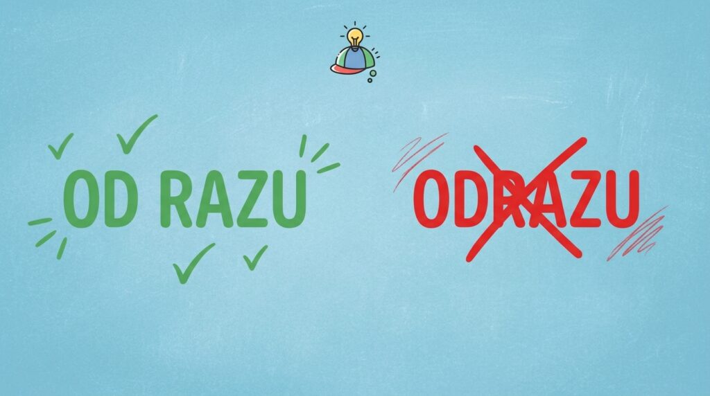 Grafika z informacją jak pisać poprawnie: zielony napis "OD RAZU" i przekreślona czerwona forma "ODRAZU".