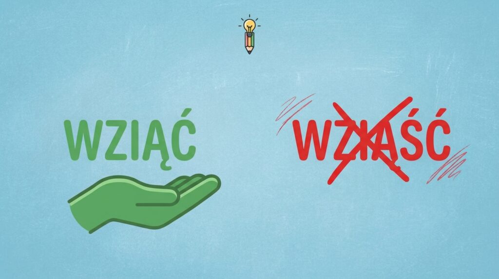 Grafika edukacyjna pokazująca zielony napis "WZIĄĆ" z dłonią oraz przekreślony na czerwono błąd "WZIĄŚĆ".